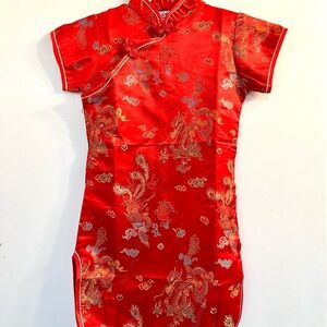 Gently Used  Childs Red Dragon Embroidered Cheongsam Style Dress - Child Size 8